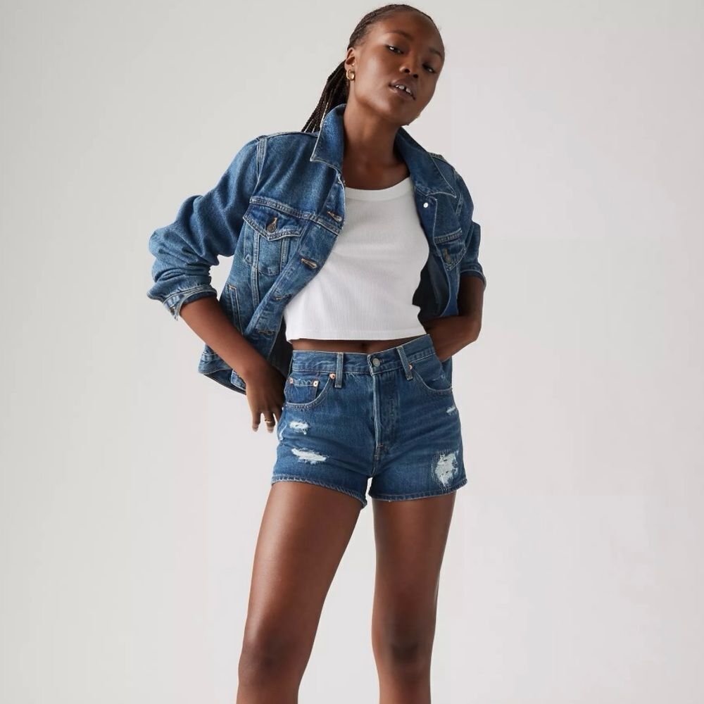 Levi’s 501 High Rise Dark Blue Distressed Denim Shorts